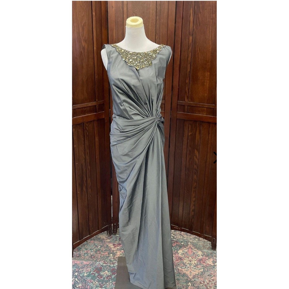 tadashi shoji dress‎ 2 Bejeweled Gem Collar Formal Gown Gray